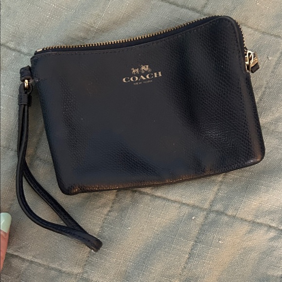 Coach Navy Blue Leather Wristlet with Gold Zipper - Picture 1 of 2